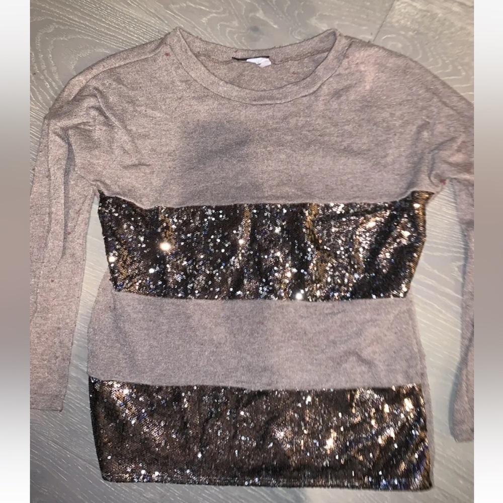 Miin BROWN GOLD SEQUIN SCOOP NECK LONG SLEEVE SWEATER TUNIC SIZE S TAN M XS